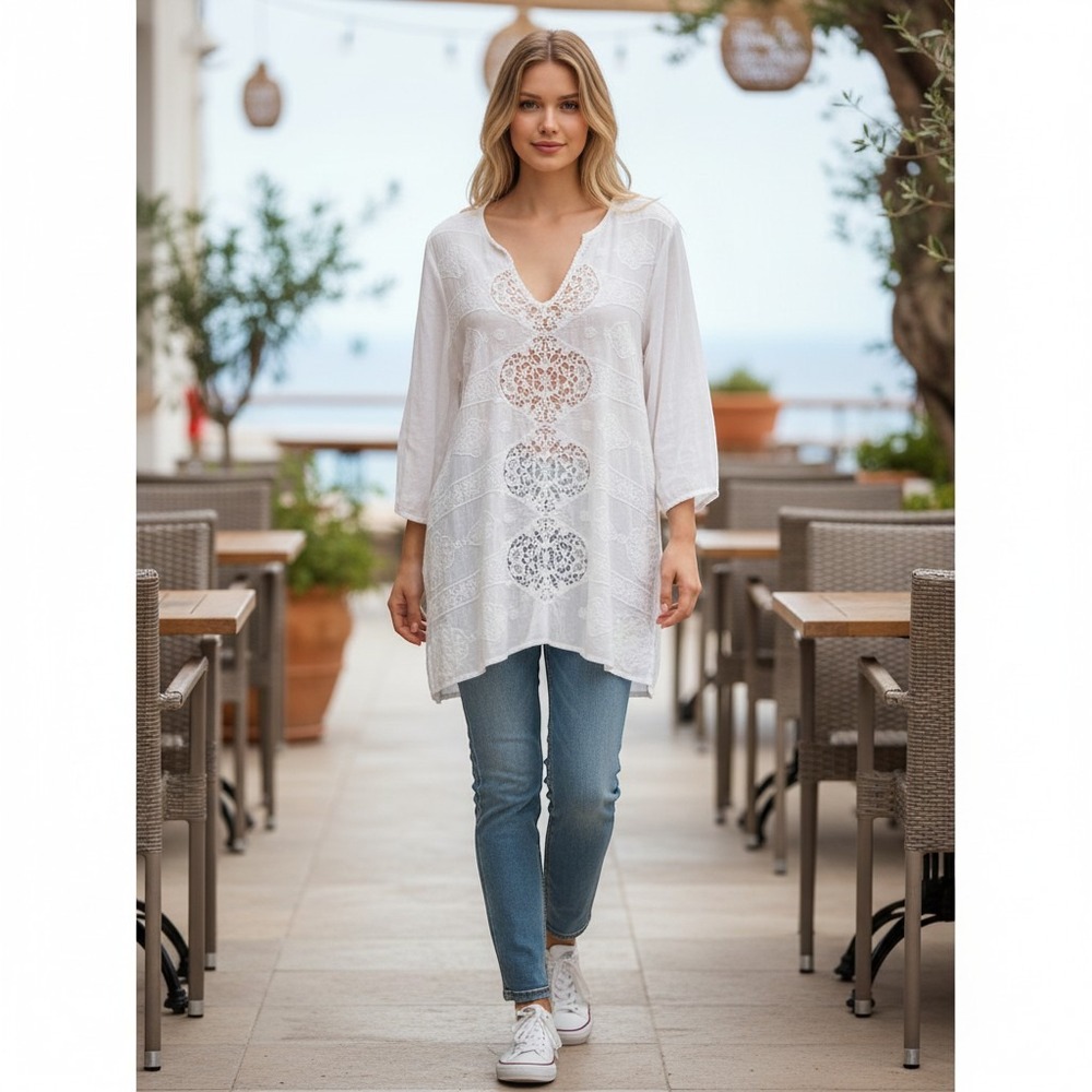 Chicos White Cotton Eyelet V-Neck Tunic Top 3/XL Boho 3/4 Sleeve Angelcore Artsy